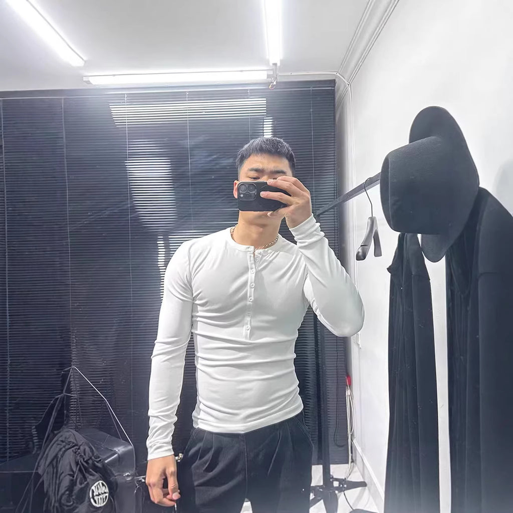 Sexy Fit Stretchy Henley Shirt for Muscular Men, Lightweight Semi-Transparent Long Sleeve Cover-Up with Half-Open Collar and Buttoned Design