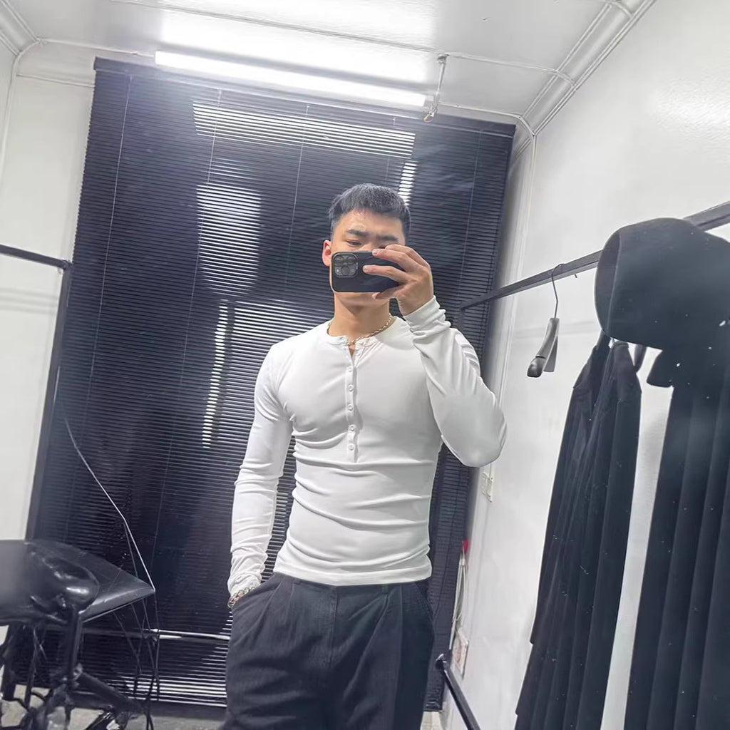 Sexy Fit Stretchy Henley Shirt for Muscular Men, Lightweight Semi-Transparent Long Sleeve Cover-Up with Half-Open Collar and Buttoned Design