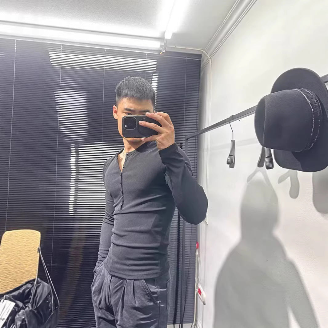 Sexy Fit Stretchy Henley Shirt for Muscular Men, Lightweight Semi-Transparent Long Sleeve Cover-Up with Half-Open Collar and Buttoned Design
